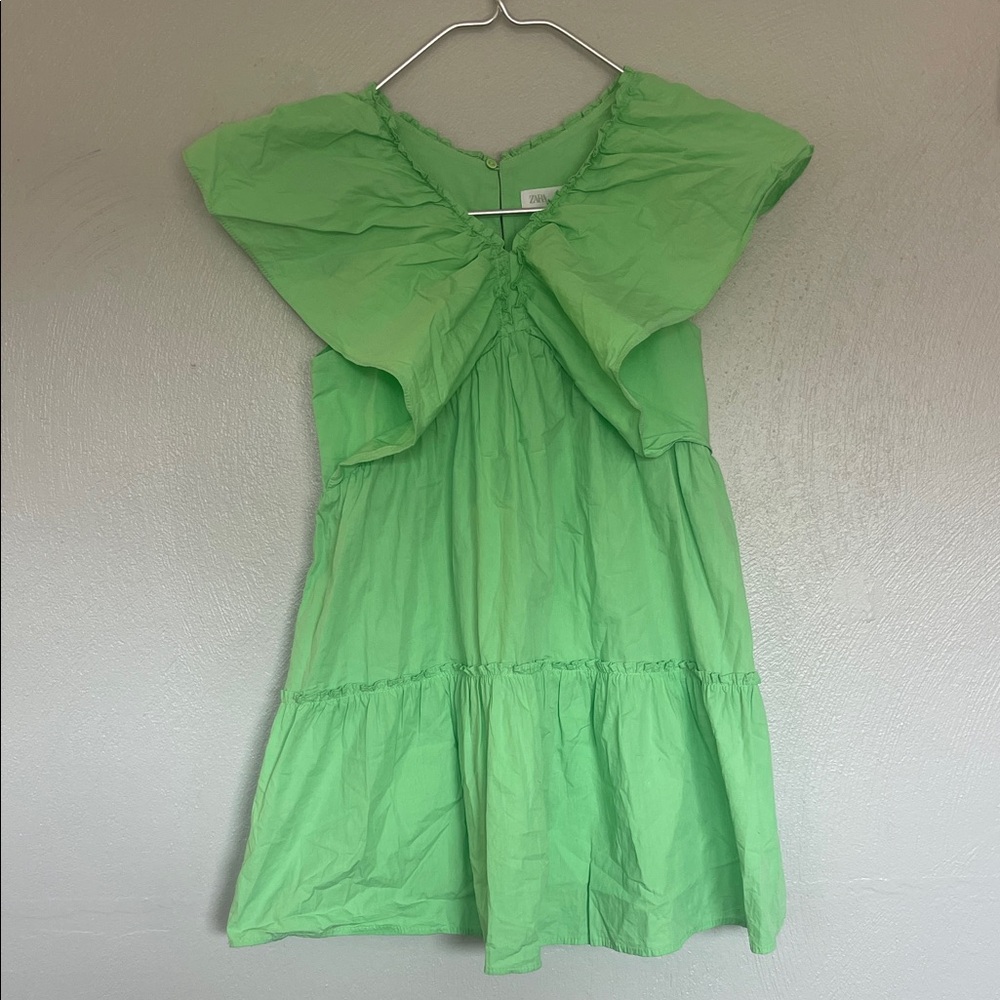 ZARA Girls Green Ruffle Sleeve Tiered Cotton Dress Size 10 (140 cm)